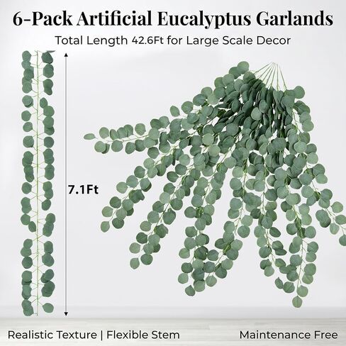 RAINFLOW Eucalyptus Garland for Table - 6PCS Faux Greenery Garland Green Garlands for Decoration Centerpiece Table Decorations Home Mantle Balcony Classroom Leaves Wall Wedding Room Decor 7.1FT in Saudi Arabia