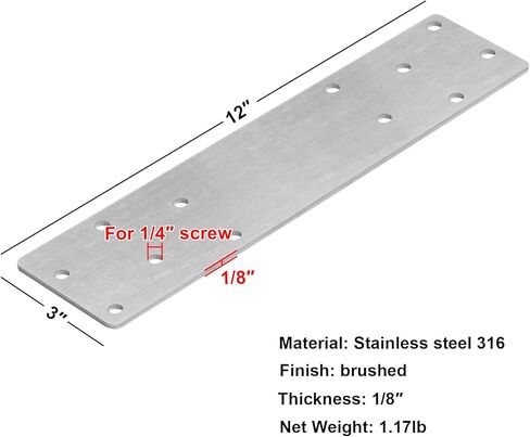 heneng 2 Pack Heavy Duty Flat Mending Plates, 12" x 3", Marine-Grade 316 Stainless Steel,Decking Boat Straight Tie Plate, 1/8" Thick in Saudi Arabia