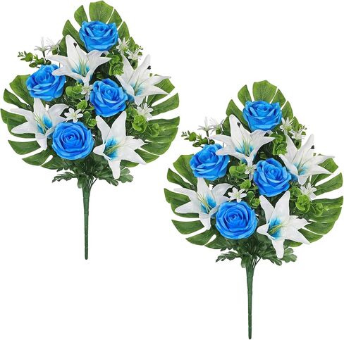 Hollyone Artificial Cemetery Flowers for Grave, Set of 2 Silk Blue Faux Rose Bouquet Flower Outdoor Graveyard Memorial Flowers for Cemetery Headstones Decoration in Saudi Arabia