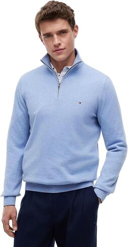 Tommy Hilfiger Men's 1/4 Zip Mockneck Pullover Sweater, BlueHtr, M in Saudi Arabia
