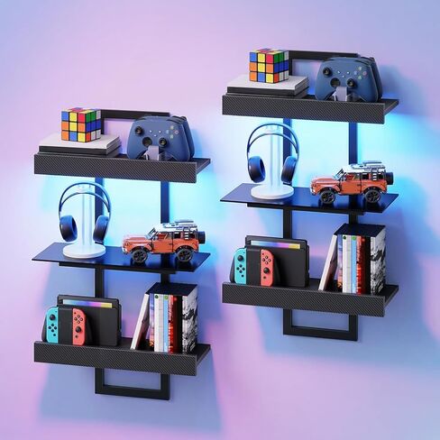 Led Gaming Floating Shelves, 3-Tier Wall Mounted Shelf, Hanging Display Rack with Laser Pattern, E-Sports Decor Shelf with Glass for Gaming Room, Bathroom, Living Room, Black FSHS90K01 in Saudi Arabia