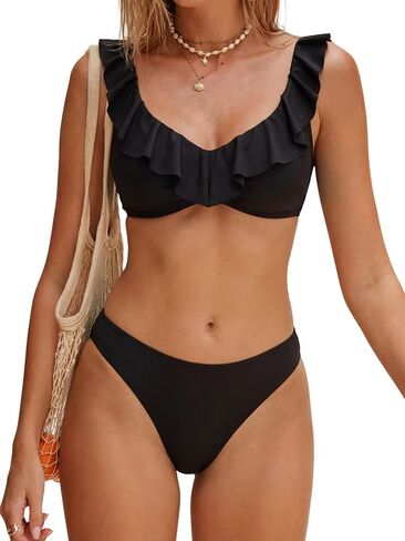 ZAFUL Ruffle Bikinis for Women Scoop Neck Bikini Sets High Cut 2 Piece Bathing Suit Cheeky Trendy Swimwear in Saudi Arabia