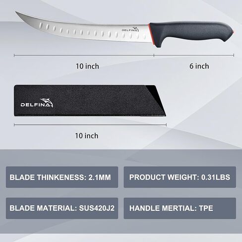 DELFINA Curved Breaking Knife 10 inch W/Sheath & SoftGrip Handle, Butcher Breaking Knife For Meat Cutting, High Carbon Japanese Steel in Saudi Arabia