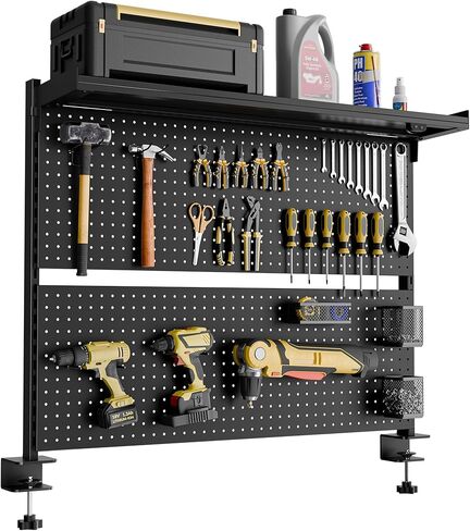 EUREKA ERGONOMIC Metal Pegboard, 43x34inch Clam on Desk Pegboard with Dual Monitor Stand, Garage Pegboard with 4 Accessories, Desk Shelves for Tool organizer, Office, Gaming Desk, Workbench, Black in Kuwait