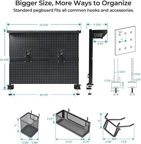 EUREKA ERGONOMIC Metal Pegboard, 43x34inch Clam on Desk Pegboard with Dual Monitor Stand, Garage Pegboard with 4 Accessories, Desk Shelves for Tool organizer, Office, Gaming Desk, Workbench, Black in Kuwait