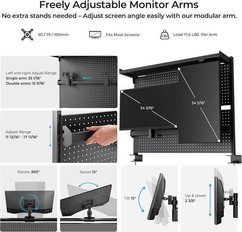 EUREKA ERGONOMIC Metal Pegboard, 43x34inch Clam on Desk Pegboard with Dual Monitor Stand, Garage Pegboard with 4 Accessories, Desk Shelves for Tool organizer, Office, Gaming Desk, Workbench, Black in Kuwait