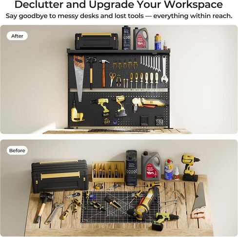 EUREKA ERGONOMIC Metal Pegboard, 43x34inch Clam on Desk Pegboard with Dual Monitor Stand, Garage Pegboard with 4 Accessories, Desk Shelves for Tool organizer, Office, Gaming Desk, Workbench, Black in Kuwait