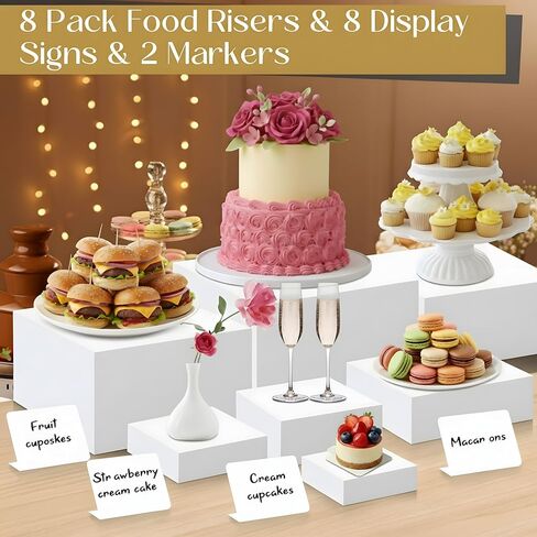 8 Pieces White Acrylic Food Risers and 8 Signage 2 Markers Cube Nesting Risers Stands with Hollow Bottoms for Buffet Table Catering Dessert Food Display Collectibles Show, Assorted Sizes in Saudi Arabia
