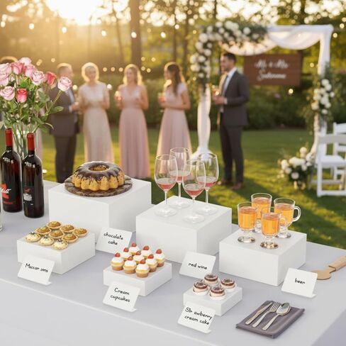 8 Pieces White Acrylic Food Risers and 8 Signage 2 Markers Cube Nesting Risers Stands with Hollow Bottoms for Buffet Table Catering Dessert Food Display Collectibles Show, Assorted Sizes in Saudi Arabia
