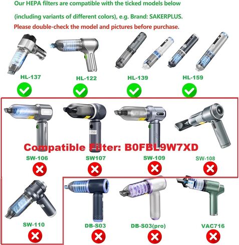 6 Pack Hepa Filters Replacement Compatible with Saker HL107B/ HL132/ HL133, SakerPlus HL159/HL139/HL137/HL122 Cordless Car Vacuum. in Saudi Arabia