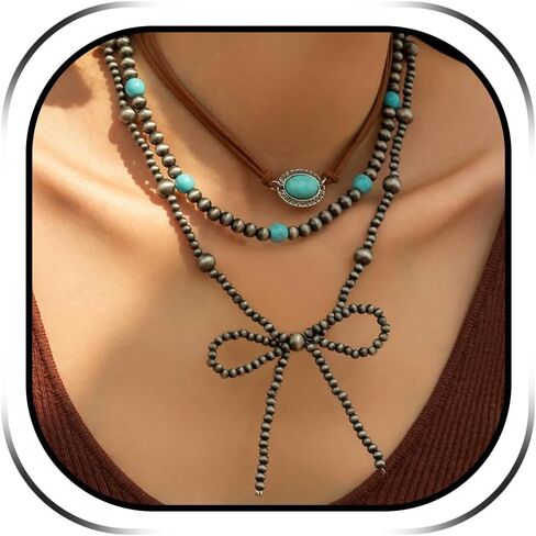 Navajo Pearl Necklace for Women Boho Turquoise Beaded Chain Long Layered Choker Bow Pendant Statement Vintage Country Concert Cowgirl Accessories Gifts in Saudi Arabia