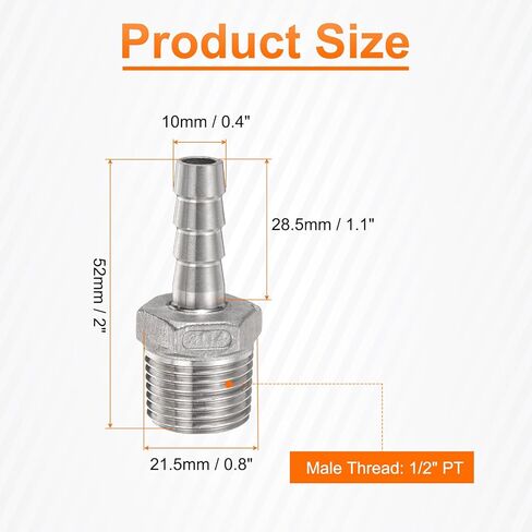 HARFINGTON 2pcs Stainless Steel Hose Barb Fitting 0.4" (10mm) Barbed x PT 1/2" Male Pipe Fitting Air Hose Barb Fittings Coupler Thread Connector Adapter for Water Fuel in Saudi Arabia