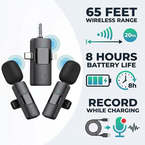 Wireless Lavalier Microphone for iPhone iPad Android Camera, 3-in-1 Universal Receiver Dual Wireless Microphones, 8H Battery Noise Reduction Lapel Mic for YouTube TikTok Video Recording Vlog in Saudi Arabia