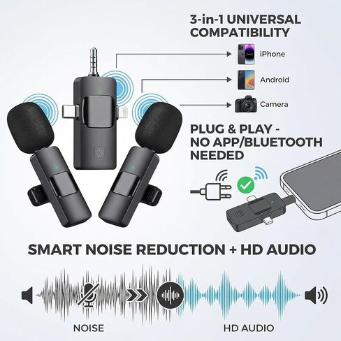 Wireless Lavalier Microphone for iPhone iPad Android Camera, 3-in-1 Universal Receiver Dual Wireless Microphones, 8H Battery Noise Reduction Lapel Mic for YouTube TikTok Video Recording Vlog in Saudi Arabia