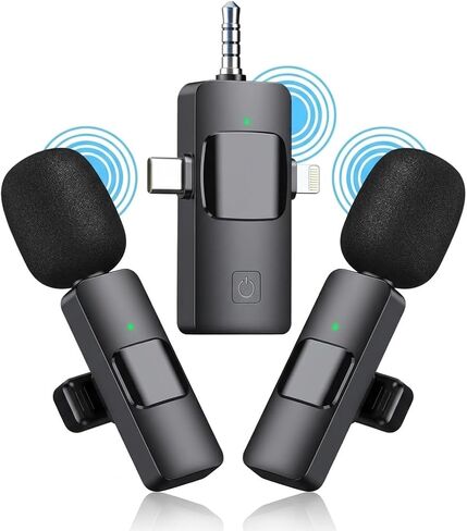 Wireless Lavalier Microphone for iPhone iPad Android Camera, 3-in-1 Universal Receiver Dual Wireless Microphones, 8H Battery Noise Reduction Lapel Mic for YouTube TikTok Video Recording Vlog in Saudi Arabia