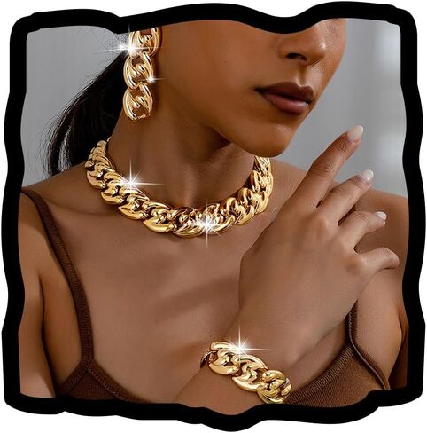 Gold Punk Necklace and Earrings Set African Statement Necklace Bracelet Set Vintage Chunky Choker for Women Hip Hop in Saudi Arabia