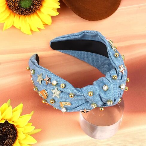 YARIEW Western Cowgirl Headbands for Women - Rhinestone Jeweled Knotted Top Knot Headband for Women Hair Accessories for for Cowgirl Western Accessories (Pink) in Kuwait