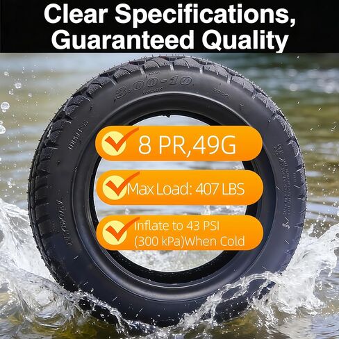 10 Inch Electric Scooter Tire, 3.00-10 Tubeless Tire, 8pr 10in Off-Road Non-Slip Wear-Resistant Thick Rubber for Motorcycle, Scooter, E-Bike, Mopeds Tires with 10 Inches Rims in Saudi Arabia