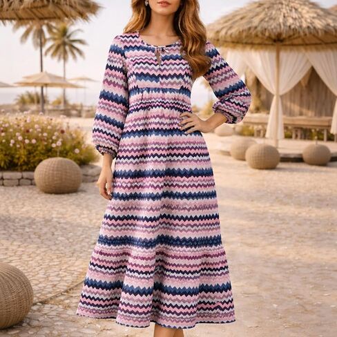 Casual Loose Long Sleeve Maxi Dress for Womens Vintage Print Pleated Crewneck Flowy Baggy Long Dress in Saudi Arabia