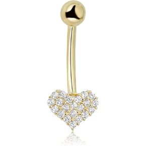 AVORA 10K Gold Simulated Diamond CZ Pave Heart Belly Button Ring Body Jewelry (14 Gauge)