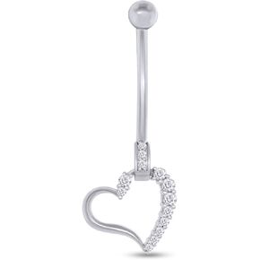 AFFY Round Shape White Cubic Zirconia Heart Charm Belly Ring in 14k Gold Over Sterling Silver