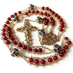 elegantmedical handmade gold ladder to heaven red agate & enamel beads catholic rosary crucifix necklace box