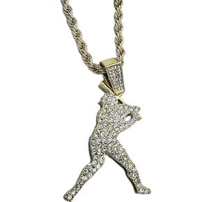 Iced Lab Diamond Gold Plated Baseball Hitter & Glove Pendant & 4mm 24" Rope Chain Hip Hop Jewelry Necklace