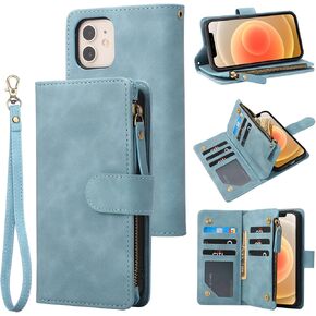 RANYOK Wallet Case Compatible with iPhone 12/12 Pro (6.1 inch), Premium PU Leather Zipper Flip RFID Blocking Wallet with Wrist Strap Magnetic Closure Built-in Kickstand Protective Case - Baby Blue in Kuwait