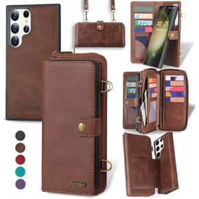 for Samsung Galaxy S24 Ultra Wallet Case,Multi-Function Wallet Case, Detachable 3 in 1 Magnetic Galaxy S24 Ultra Case Wallet,Flip Strap Zipper Card Holder Phone Case with Shoulder Straps(Black)