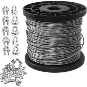 طقم حبل سلكي مطلي بالفينيل بطول 328 قدمًا، وقطر 1/16 بوصة، وكابل سلك من الفولاذ المقاوم للصدأ 304، حبلا 7 × 7 مع 50 قطعة من حلقة تجعيد الألومنيوم و10 قطع مشبك in Kuwait
