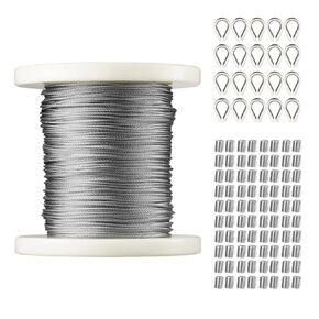 طقم حبل سلكي VEVOR 1/16، كابل من الفولاذ المقاوم للصدأ 304 مع 80 أكمام و20 كشتبانات، 7 × 7 خيوط بناء درجة الطائرات البحرية لخط ملابس سياج الحديقة وتزيين الدرابزين
