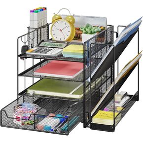Wattne 4-Tier Desk Organizer with File Holder, Paper Letter Tray Organizer with Drawer and Pen Holder, Workspace Organizers Mesh Desktop Organizer + Magazine Holder Rack for Home Office Supplies