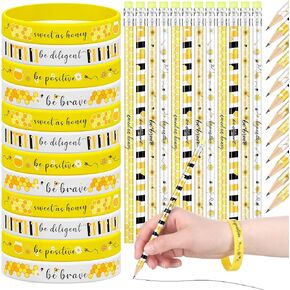 96 Pcs Inspirational Pencil Silicone Bracelet Set Bulk Scented HB Pencil Rubber Wristband with Inspirational Words Motivational Gift for Student School Classroom Reward Party Supplies(Bee)