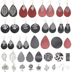 SUNNYCLUE 84Pcs DIY 10 Pairs Tree of Life Charms Faux Leather Teardrop Round Charm Black Red Stamping Faux Leather Earring Making Starter Kit Leaf Charm Rose Charms for Jewelry Making Kits Adult