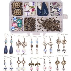SUNNYCLUE 1 Box DIY 10 Pairs Porcelain Earring Making Starter Kit with Porcelain Beads, Spacer Bead, Earring Hooks Jewelry Arts Craft Supplies Findings for Beginners Women Gift, Instruction
