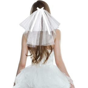 Yolev Simple Wedding Veil with Bow, Bridal Tulle Veil with Clip 2 Tier Tulle White Hen do Veil for Bridal Shower Engagement Wedding Bachelorette Party