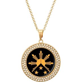 Tribal Philippines Filipino Sun and Stars Flag Printed Necklace Pendant Alloy Round Diamond Jewelry Gold Silver Gift for Men Women
