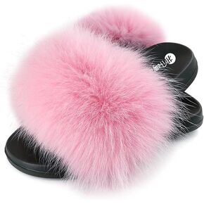 Women's Real Fox Fur Slides, Open Toe Cute Fur Slippers, Indoor or Outdoor Comfortable Furry Slide Sandals With Fluffy Fur
