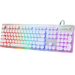 Typewriter Style Keyboard with Metal Panel, Rainbow LED Backlit, Round Keys, Anti-ghosting, Spill Resistant, Light Up USB Wired Retro 104 Keys for Office/Gaming, White/Silver
