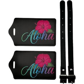 Aloha Luggage Tags for Suitcases, 2 Pack Tropical PU Leather Suitcase Tag Identifiers TSA Approved with Stainless Steel Loop & Address Card for Baggage Tag for Cruise Airport Travel Essentials (Pink)