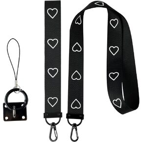 SAVITA Black Hand Wrist Strap Lanyard, Nylon Neck Lanyard Strap with Love Heart Patterns for Keychains Key Phone ID Name Tag Badge (2pcs)
