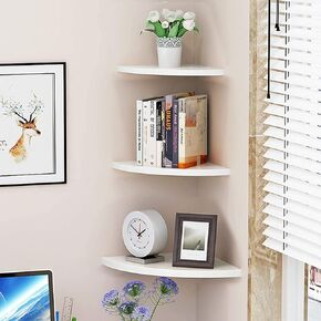 GOTOTOP Floating Corner Shelf Wall Shelves Wall Mounted Storage Rack 3-Tier Storage Shelf Wooden White Corner Shelf for Bathroom, Bedroom, Living Room, Kitchen, Office and More