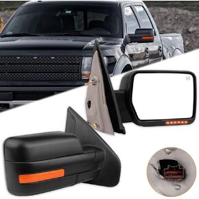 Towing Mirrors Fit for 2007-2014 For Ford For F-150 Series Truck Pickup Tow Mirrors with Power Control Heated Turn Signal Light Black Textured 1 Pair of Mirrors Left Side and Right Side