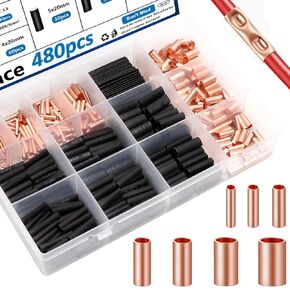 smseace 480pcs AWG14-4Copper Tube Connector Kits with Heat Shrink Tubing Wire Ferrules Kit 13-Sizes Non Insulated Butt connectors