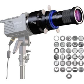 Optical Snoot for Bowens Mount Photography, Spotlight GOBO Projector Attachment Spotlight, Compatible with Aputure Amaran 60D/XS/100X/D200D/X, Godox SL60 etc, 5 Color Filter and 31 Gobos