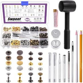 Swpeet 160 Sets 12.5mm Leather Snap Fasteners and 8mm Leather Rivets Double Cap Rivets with Fixing Tools Tools Assortment Kit, Double Cap Rivets and Craft Snap Leather Snaps for Clothes