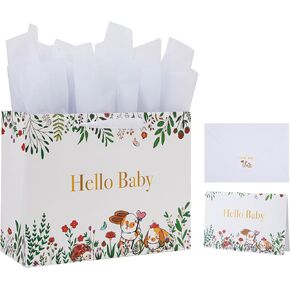 13" Large White Gift Bag Set with Greeting Card and Tissue Papers (Hello Baby Design) for Girls' Birthday Party, Baby Shower, Baby Girl or Boy, Women's Birthday Parties - 13"x5.2"x10.2", 1 Pcs.