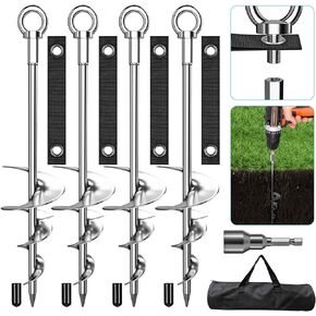18'' Ground Anchors, Fully Welded Heavy Duty Ground Anchors Screw in Swing Set Anchors Chrome Plating Anti Rust Ground Anchor with Straps for Dogs, Trampoline Stakes Resistant High Wind