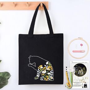 Harimau Beginner Canvas Tote Bag Embroidery Kit,Black Kitten Pattern,Cross Stitch Kits, Including Stamped Embroidery Bag with 1 Embroidery Hoops,Needle, InstructionManual and Color Threads
