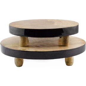 AuldHome Farmhouse Round Wooden Risers (Set of 2, White Trim), Rustic Decorative Risers for Display with Natural Mango Wood and Enamel Trim
